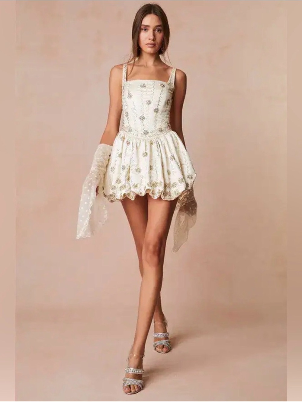 LoveShackFancy Brookhaven Mini Dress Ivory Beaded Embroidered Bubble Hem Sz 2